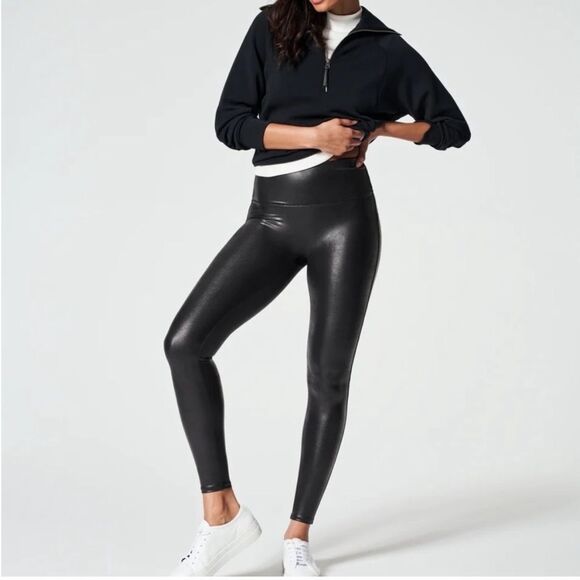 SPANX Black Shimmer Metallic Faux Leather Leggings Women’s Medium - Picture 1 of 10